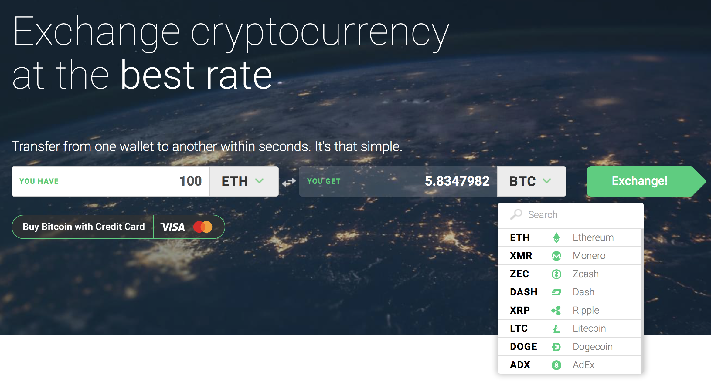 changelly currency selection